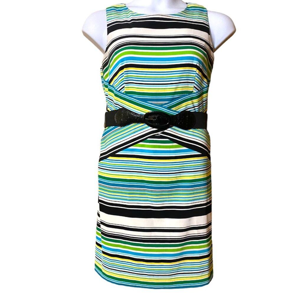 AB STUDIO striped blue, green,‎ yellow belted dress - women's 12 Petite